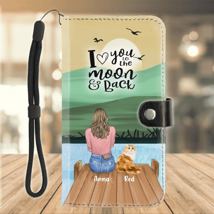 Custom Personalized Pet Mom Flip Leather Purse For Mobile Phone - Upto 4 Pets - Gift For Dog/Cat Lovers - I Love You To The Moon & Back