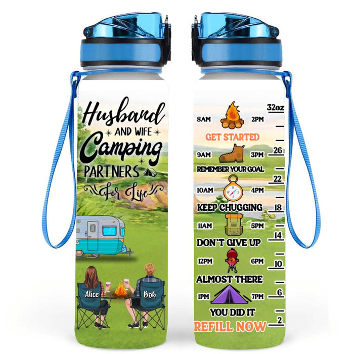 Custom Personalized Camping Water Tracker Bottle - Adult/ Couple/ Parents With Up to 2 Kids And 4 Pets - Gift Idea For Camping Lover - Husband And Wife Camping Partners For Life