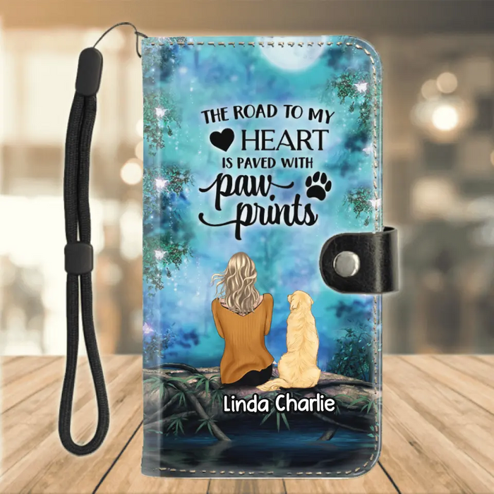 Custom Personalized Memorial Dog Flip Leather Purse For Mobile Phone - Upto 5 Dogs - Gift For Dog Lovers - The Road To My Heart Is Paved With Paw Prints