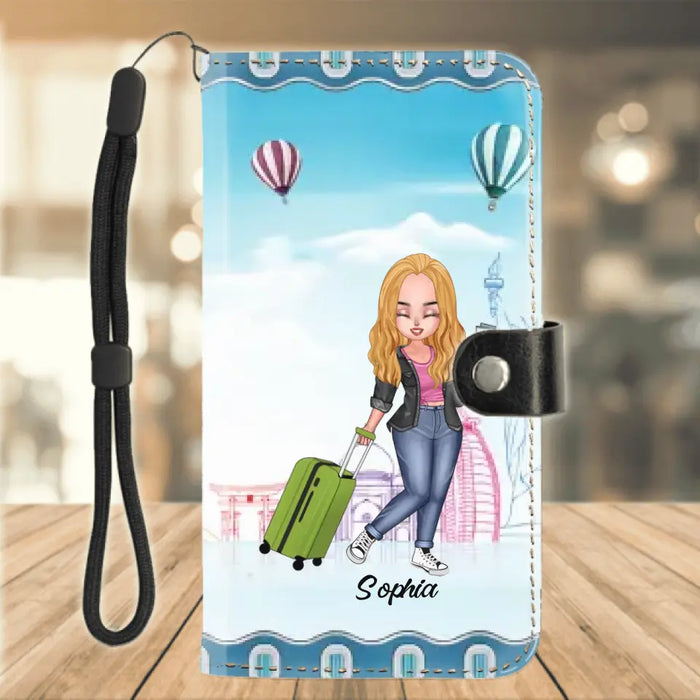 Personalized Traveling Girl Flip Leather Purse For Mobile Phone - Gift Idea For Birthday/Traveling Lovers - Just A Girl Who Loves Traveling
