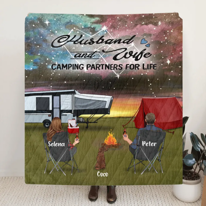 Custom Personalized Camping Pillow Cover/ Fleece/ Quilt Blanket - Couple With Upto 2 Kids And 3 Pets - Gift Idea For Camping Lover - Making Memories One Campsite At A Time