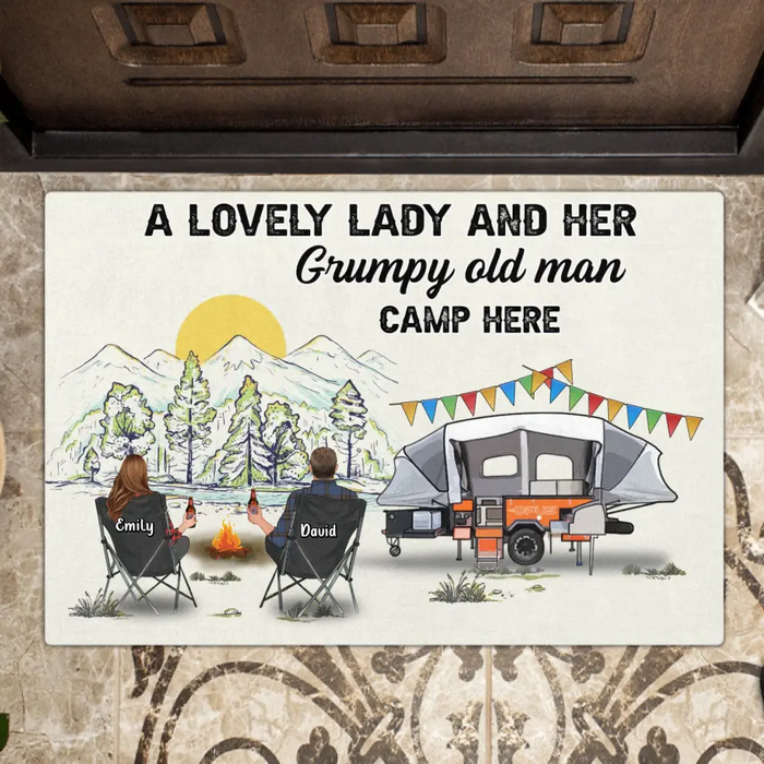 Custom Personalized Camping Doormat - Gift Idea For Camping Lover/ Couple/ Family/ Friends - A Lovely Lady And Her Grumpy Old Man Camp Here