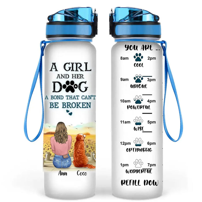 Custom Personalized Dog Mom Tracker Bottle - Upto 4 Dogs - Gift Idea For Dog Lovers - A Girl And Her Dog A Bond That Can't Be Broken