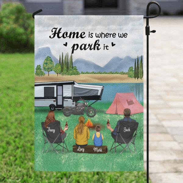 Personalized Camping Garden Flag - Parents with 2 Kids and up to 4 Pets - Gift For Father's Day From Wife to Husband - Home is where we park it