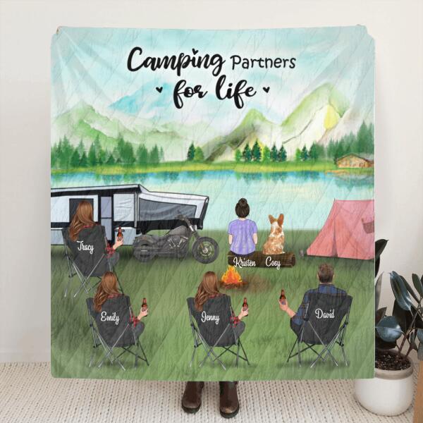 Customer Personalized Camping Blanket - Gift for the whole family, camping lovers with 4 Adults, 1 Kid and 1 Pet - Camping Partner For Life