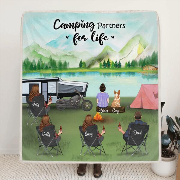 Personalized Camping Blanket - Gift for the whole family, camping lovers with 4 Adults, 1 Kid and 1 Pet - Camping Partner For Life