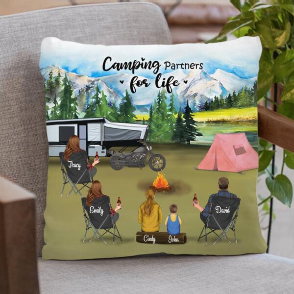 Custom Personalized Camping Pillow Cover/Cushion Cover - Gift For Camping Lovers With 3 Adults And 2 Kids - Camping Partner For Life