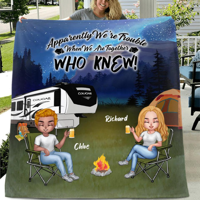 Custom Personalized Camping Friend Pillow Cover & Quilt/ Fleece Blanket - Upto 7 People - Gift Idea For Camping Friends - We're Trouble When We Are Together