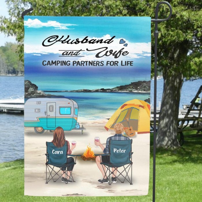 Custom Personalized Beach Camping Flag Sign - Couple/ Parents With Upto 3 Kids And 4 Pets - Gift Idea For Couple/ Family/ Camping Lover - Husband And Wife Camping Partners For Life