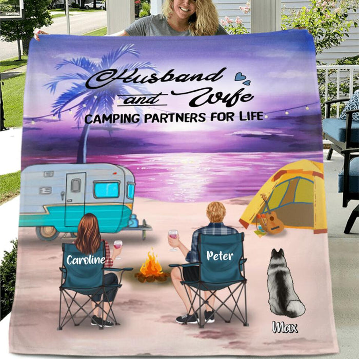 Custom Personalized Beach Camping Pillow Cover & Quilt/ Fleece Blanket - Couple/ Parents With Upto 3 Kids And 4 Pets - Gift Idea For Couple/ Family/ Camping Lover - Husband And Wife Camping Partners For Life