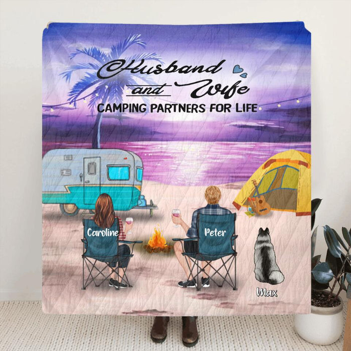 Custom Personalized Beach Camping Pillow Cover & Quilt/ Fleece Blanket - Couple/ Parents With Upto 3 Kids And 4 Pets - Gift Idea For Couple/ Family/ Camping Lover - Husband And Wife Camping Partners For Life