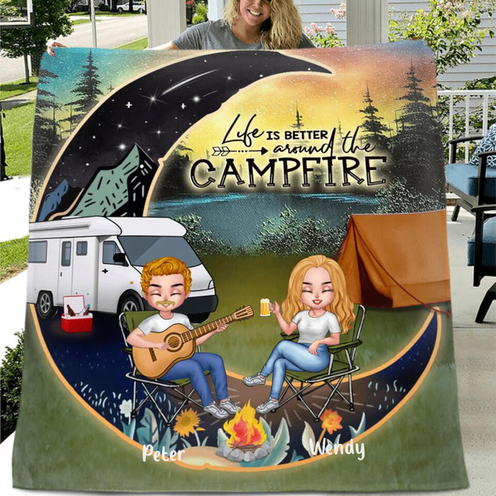 Custom Personalized Camping Moon Couple With Dog Pillow Cover & Fleece/ Quilt Blanket - Upto 3 Dogs - Gift Idea For Camping Lover - Life Is Better Around The Campfire