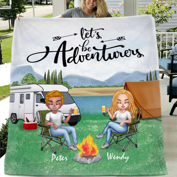 Custom Personalized Camping Couple With Dog Pillow Cover & Quilt/ Fleece Blanket - Upto 3 Dogs - Gift Idea For Camping Lover - Let's Be Adventures