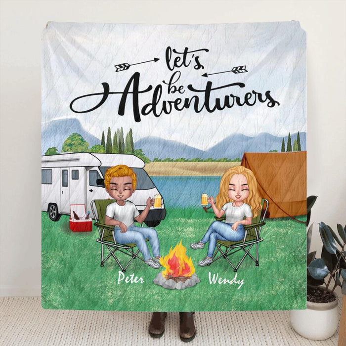 Custom Personalized Camping Couple With Dog Pillow Cover & Quilt/ Fleece Blanket - Upto 3 Dogs - Gift Idea For Camping Lover - Let's Be Adventures