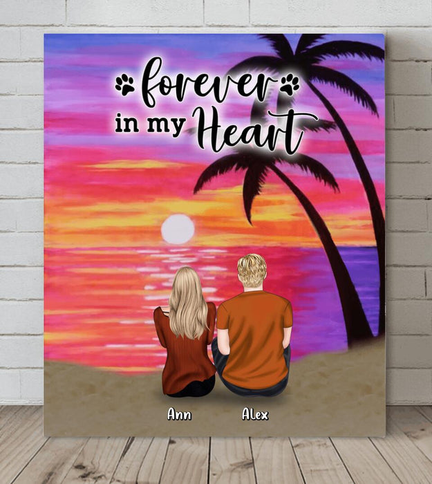 Custom Personalized Couple and Dog Beach Dawn Vertical Canvas - Gift For Couple/ Dog Lovers With Up To 4 Dogs - Forever In My Heart
