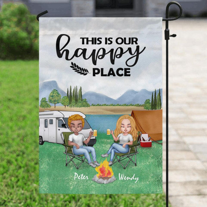 Custom Personalized Camping Chibi Flag Sign - Couple With Upto 3 Dogs - Gift Idea For Dog/ Camping Lover - This Is Our Happy Place