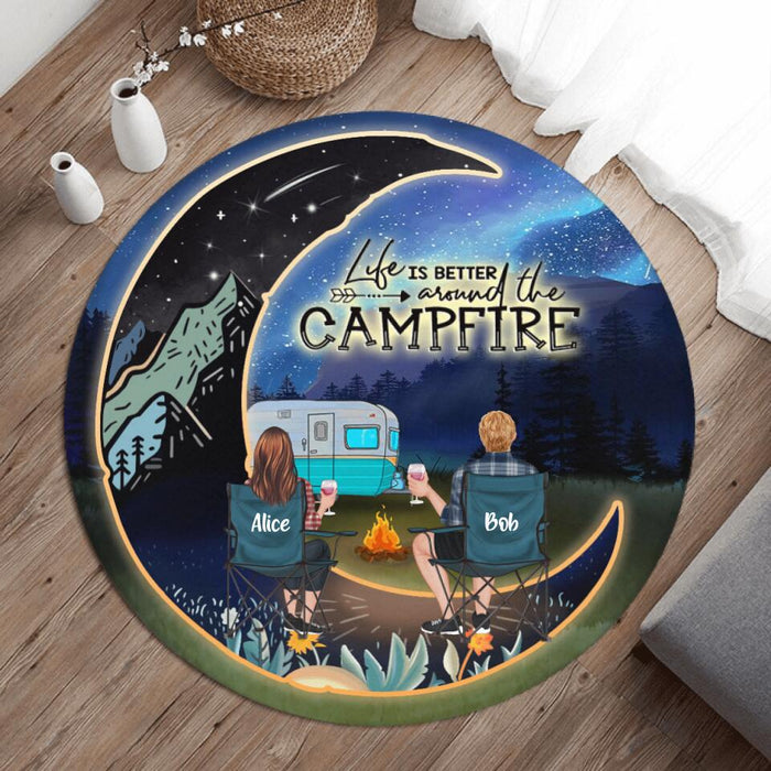 Custom Personalized Camping Moon Couple Valentine's Day Round Rug - Couple/ Parents With Upto 3 Kids And 3 Pets - Valentine's Day Gift For Camping Lover - Life Is Better Around The Campfire