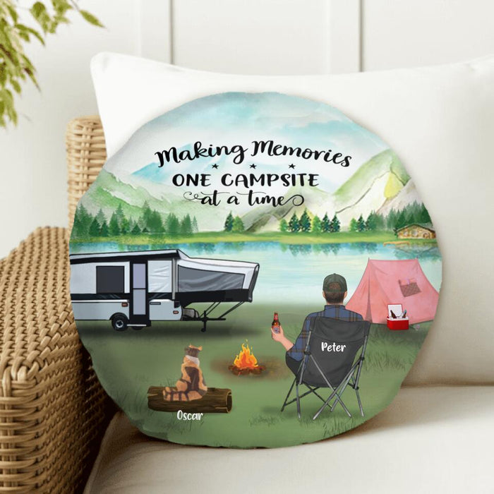 Custom Personalized Camping Round Pillow - Adult/ Couple/ Parents With Upto 4 Kids And 4 Pets - Gift Idea For Family/ Camping Lover - Making Memories One Campsite At A Time