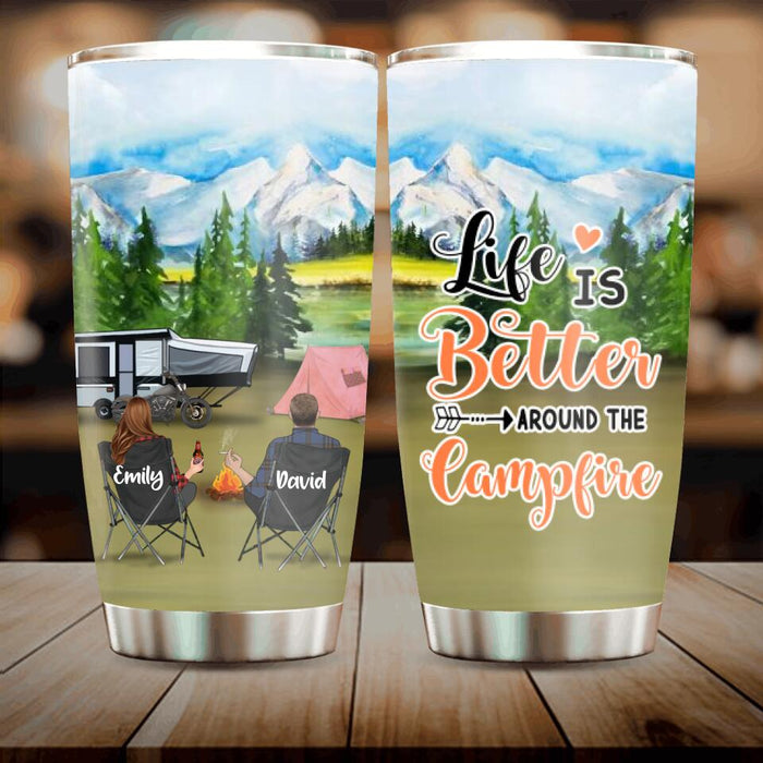 Custom Personalized Camping Smoke Tumbler - Couple/ Parents With Kid And Upto 4 Pets - Gift Idea For Camping Lover - Life Is Better Around The Campfire