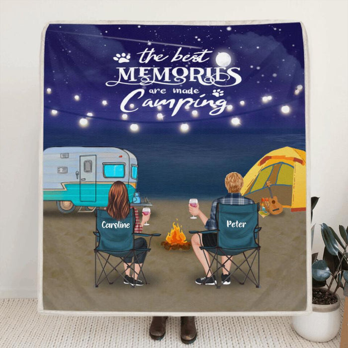 Custom Personalized Beach Night Camping Quilt/ Fleece Blanket - Couple/ Parents With Upto 3 Kids And 6 Pets - Gift Idea For Couple/ Family/ Camping Lover - The Best Memories Are Made Camping