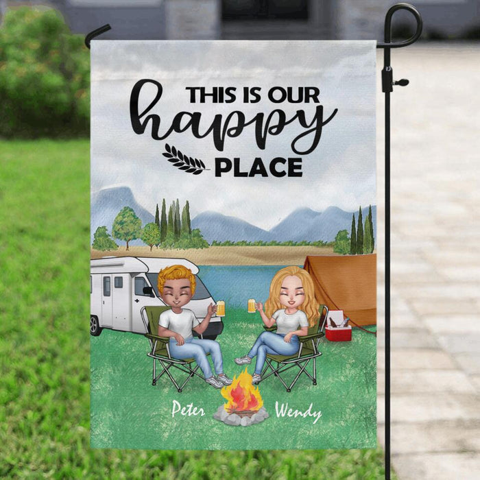 Custom Personalized Camping Chibi Flag Sign - Couple With Upto 3 Dogs -  Gift Idea For Dog/ Camping Lover/ Couple - This is Our Happy Place