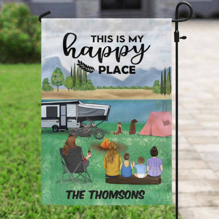 Custom personalized camping garden flag - Father's day gift for single man/woman with up to 4 kids and 2 pets - This is my happy place