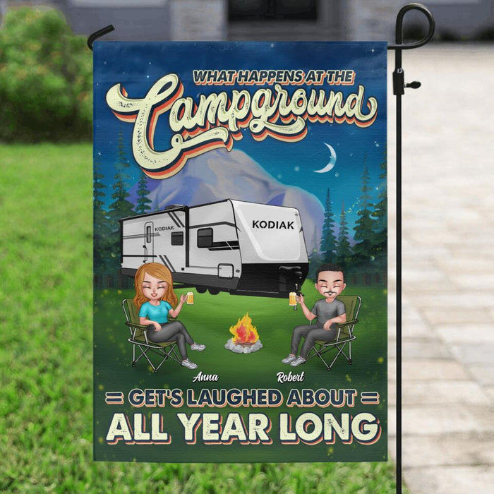 Custom Personalized Camping Flag Sign - Gift For Camping Lovers up to 4 People - What Happens At The Campground Get's Laughed About All Year Long