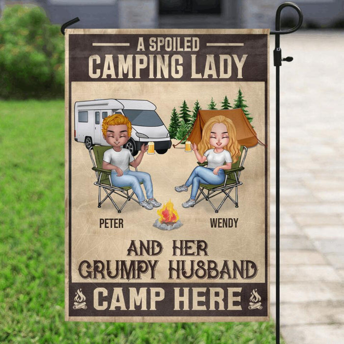 Custom Personalized Camping Couple Flag - Best Gift For Camping Lover/Couple - A Spoiled Camping Lady And Her Grumpy Husband Camp Here
