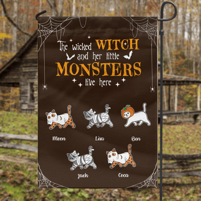 Personalized Halloween Cats Flag Sign - Up to 5 Cats - The Wicked Witch And Her Little Monsters Live Here
