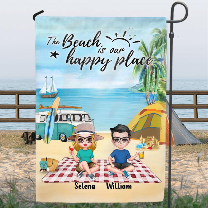 Custom Personalized Summer Beach Picnic Camping Flag Sign - Upto 5 People - Gift Idea For Camping Couple/ Friends - The Beach Is Our Happy Place