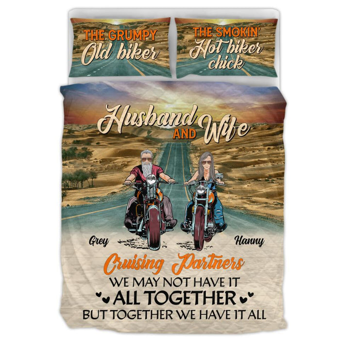 Custom Personalized Biker Couple Quilt Bed Sets - Gift Idea From Husband To Wife - Husband and Wife Cruising Partners