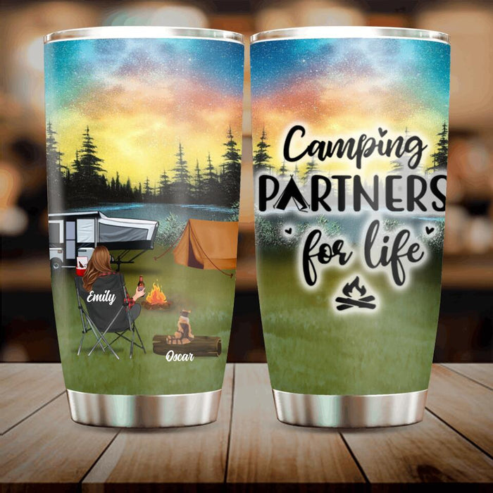 Custom Personalized Night Camping Tumbler - Man/ Woman/ Couple/ Parents With Upto 2 Kids And 4 Pets - Gift For Camping Lover - Camping Partners For Life