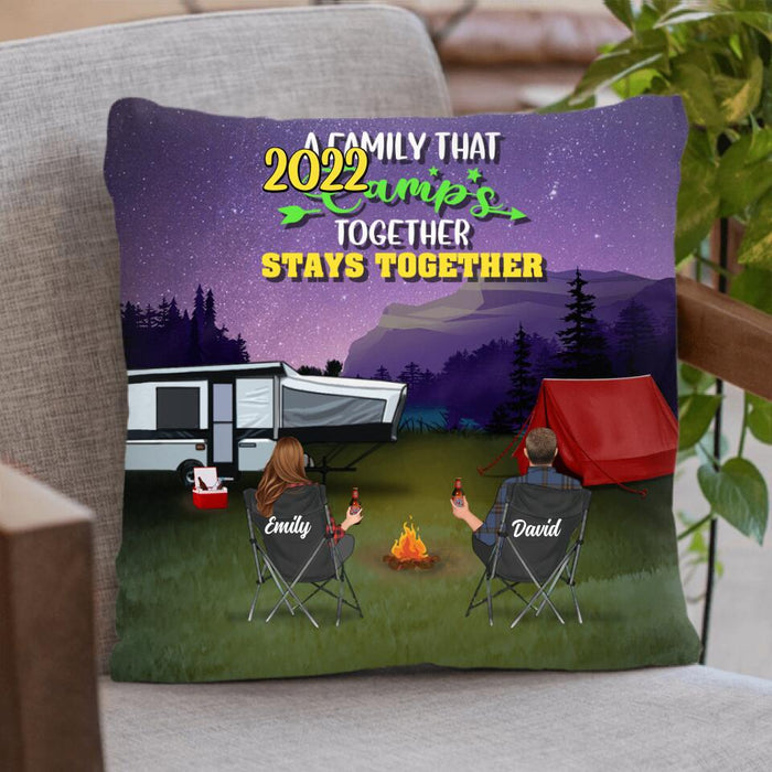 Custom Personalized Family Camping Trip Pillow Cover & Fleece/ Quilt Blanket - Couple/ Single Parent/ Parents With Upto 3 Kids And 4 Pets - Gift Idea For Whole Family/ Camping Lover - A Family That Camps Together Stays Together