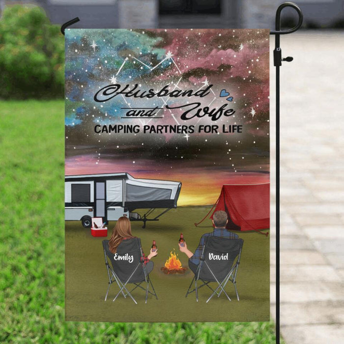Custom Personalized Camping Flag Sign - Couple With Upto 3 Kids And 4 Pets - Gift Idea For Camping Lover - Husband And Wife Camping Partners For Life