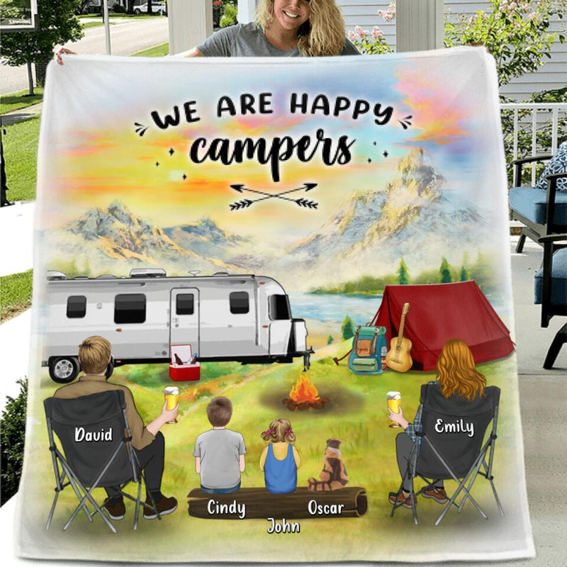 Personalized Camping Fleece Throw Blanket/Quilt - Gift Idea For Mother's day/Father's Day with up to 2 Kids - We Are Happy Campers