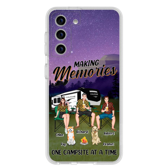 Custom Personalized Camping Phone Case - Gift Idea For Camping Lover/ Friends/ Couple - Upto 3 People And 2 Dogs - Making Memories One Campsite At A Time - Case For iPhone And Samsung