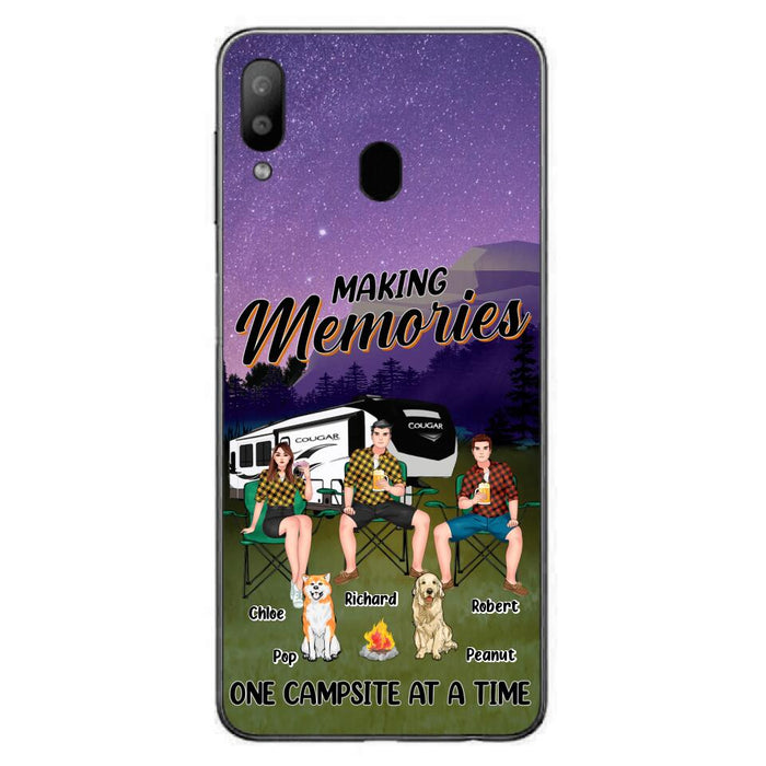 Custom Personalized Camping Phone Case - Gift Idea For Camping Lover/ Friends/ Couple - Upto 3 People And 2 Dogs - Making Memories One Campsite At A Time - Case For iPhone And Samsung