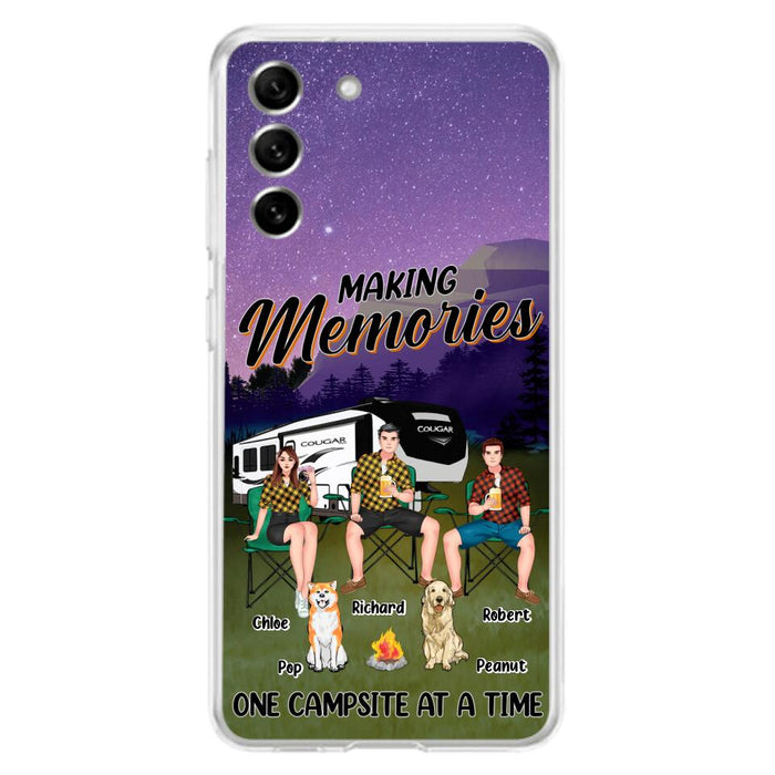 Custom Personalized Camping Phone Case - Gift Idea For Camping Lover/ Friends/ Couple - Upto 3 People And 2 Dogs - Making Memories One Campsite At A Time - Case For iPhone And Samsung