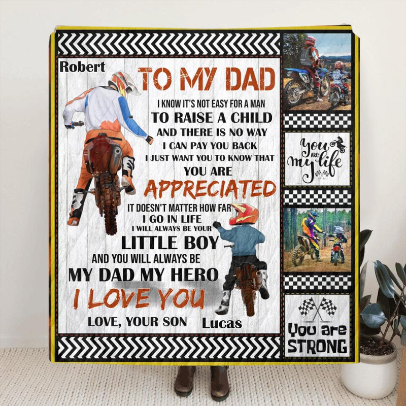Personalized Father & Son Biker Fleece Throw Blanket/Quilt - Father's Day Gift Idea For Bike Lovers - To My Dad I Know It's Not Easy To Raise A Child