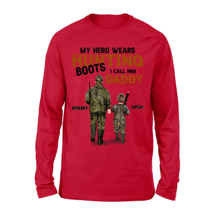 Custom Personalized Father And Son/ Daughter Hunting Shirt/ Pullover Hoodie - Gift Idea For Father's Day/ Hunting Lover - My Hero Wears Hunting Boots I Call Him Daddy