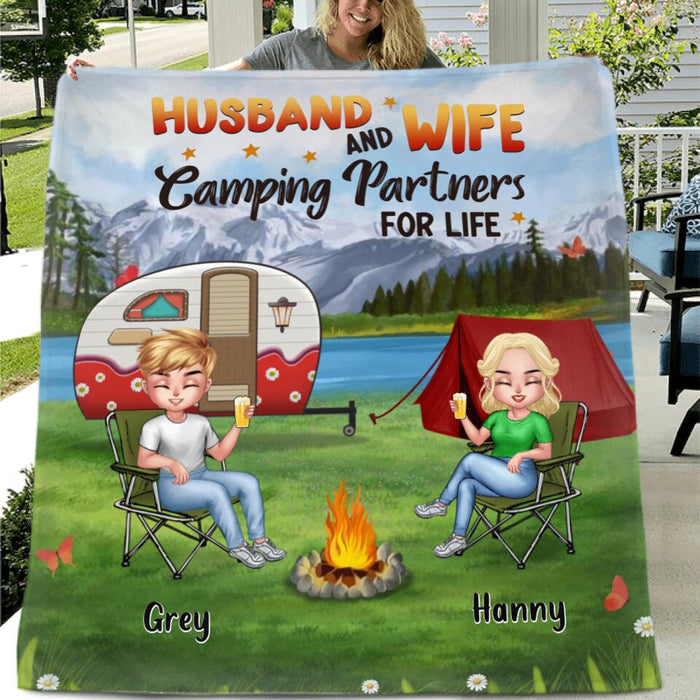 Custom Personalized Camping Single Layer Fleece/ Quilt - Gift Idea For Camping Lovers/Couple/ Father's Day/Mother's Day - Husband and Wife Camping Partners For Life