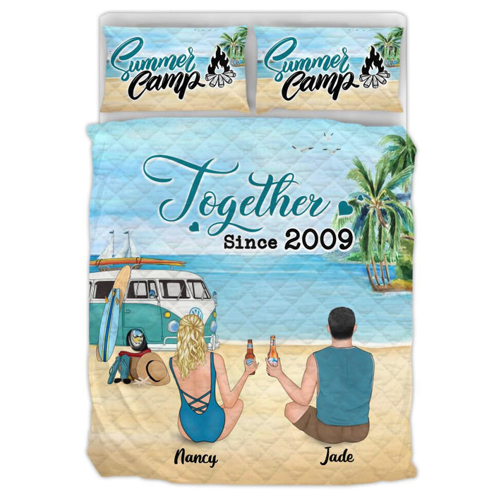 Custom Personalized Beach Camping Quilt Bed Sets - Couple/Family With Upto 3 Kids And 3 Pets - Best Gift Idea For Camping/Dog/Cat Lover - This Is Our Happy Place