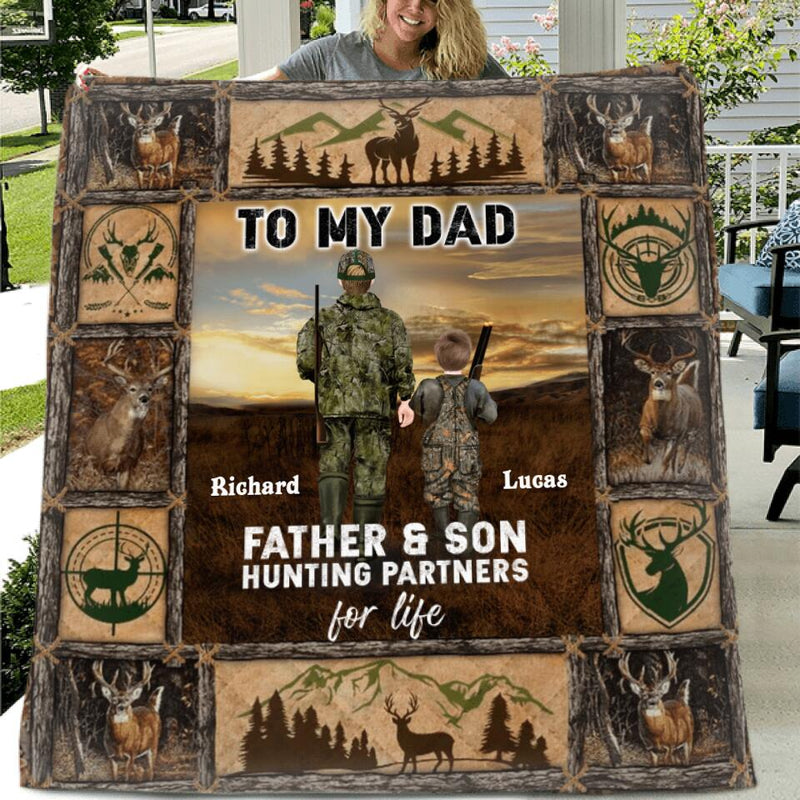 Personalized Hunting Dad & Son Fleece Throw Blanket/Quilt - Gift Idea For Hunting Lovers/Father's Day Gift - Father & Son Hunting Partners For Life