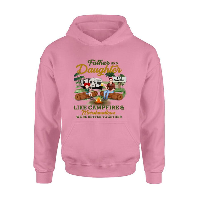 Custom Personalized Camping Dad Shirt/ Pullover Hoodie - Gift Idea For Father's Day/ Camping Lover - Father/ Parents With Upto 2 Kids And 4 Dogs - Father And Daughter Like Campfire & Marshmallows