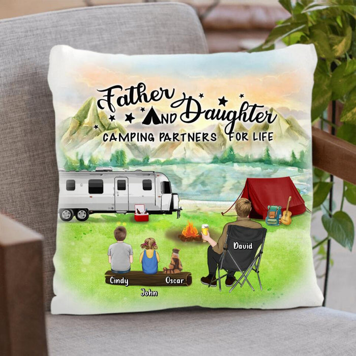 Custom Personalized Father Daughter Camping Pillow Cover & Quilt/ Fleece Blanket - Father's Day Gift Idea For Father/ Camping Lover - Father And Daughter Camping Partners For Life