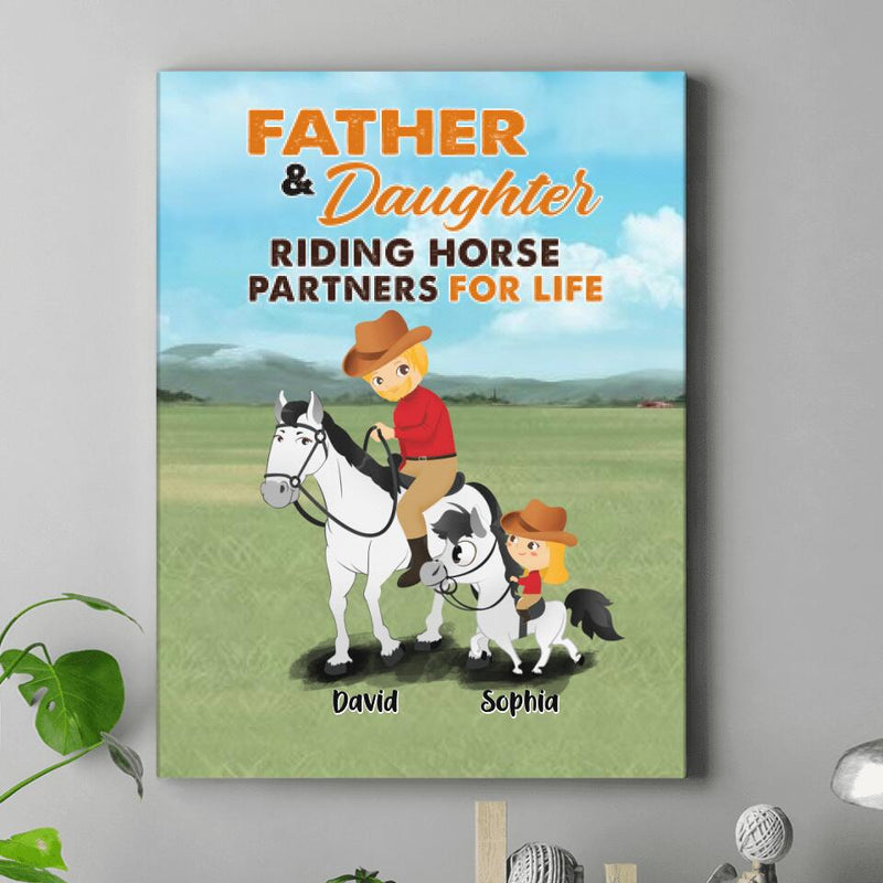 Personalized Father & Daughter Vertical Canvas - Father's Day Gift Idea For Horse Lovers - Father & Daughter Riding Horse Partners For Life