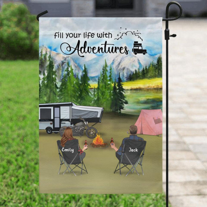 Custom Personalized Camping Garden Flag - Couple with upto 5 Pets - Best Gift For Couple, Camping Lovers - Fill Your Life With Adventures