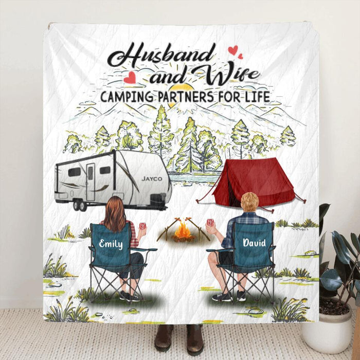 Custom Personalized Camping Quilt/Single Layer Fleece Blanket- Gift Idea For Camping Lovers/Couple With Up To 4 Dogs - Husband And Wife Camping Partners For Life
