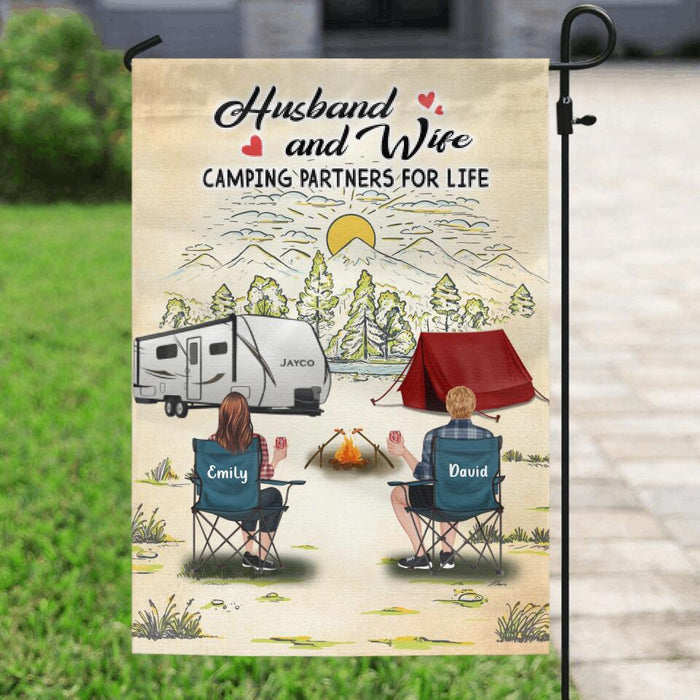 Custom Personalized Camping Flag Sign - Gift Idea For Camping Lovers/Couple With Up To 4 Dogs - Husband And Wife Camping Partners For Life