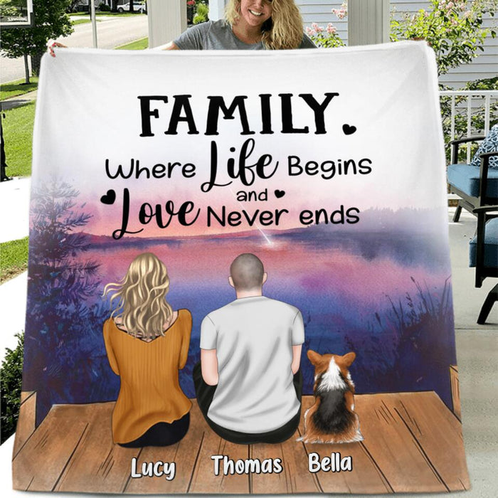Custom Personalized Pet Family Quilt/Fleece Blanket - Upto 4 Dogs/Cats - Gift Idea For Dog/Cat Lover/Father's Day/Mother's Day - Family Where Life Begins And Love Never Ends